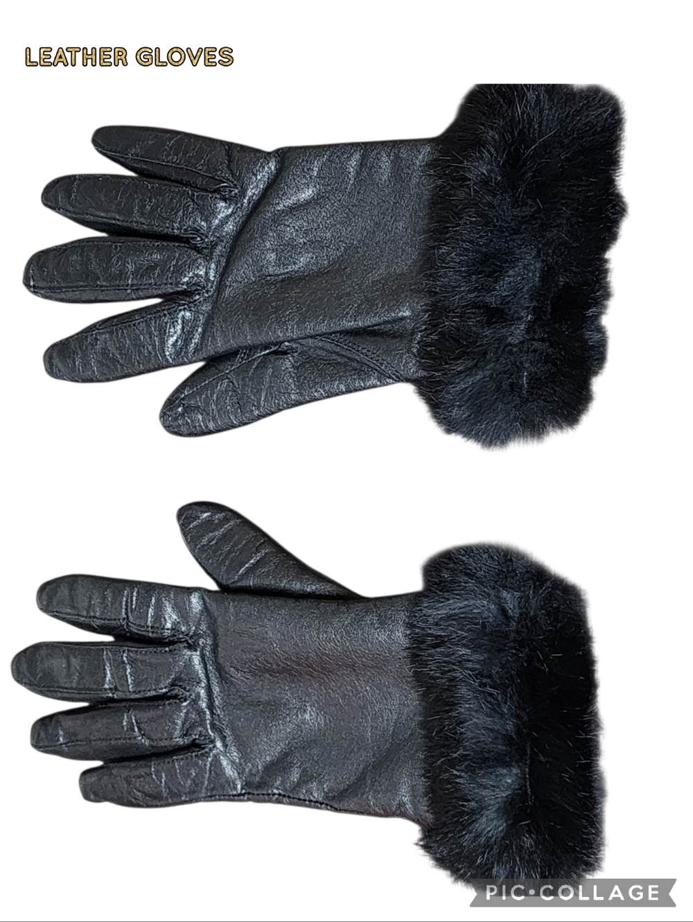 Gloves black leather with faux fur cuff trim soft elegant
